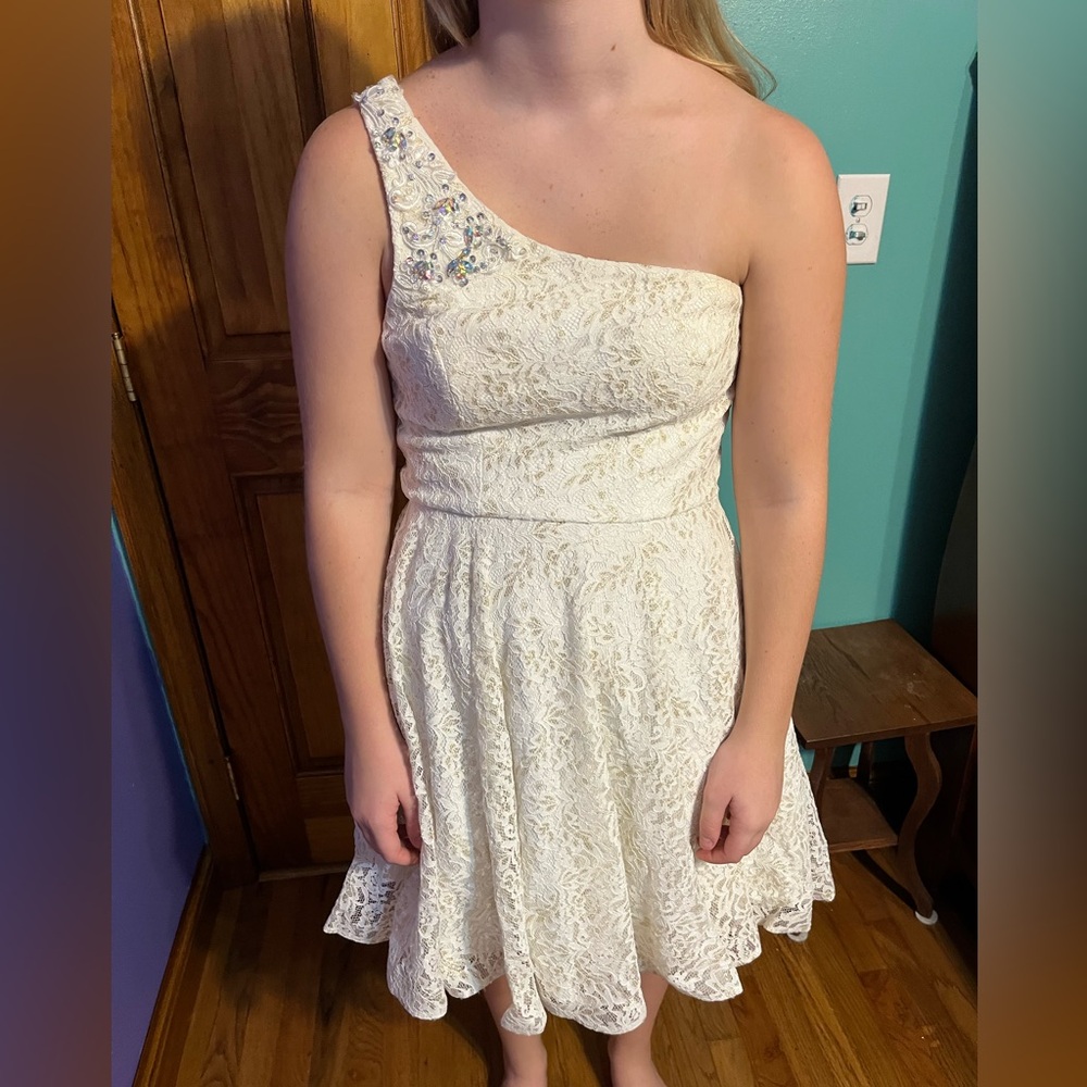 Homecoming Gorgeous, sequins gems detailed off one shoulder cream color dress